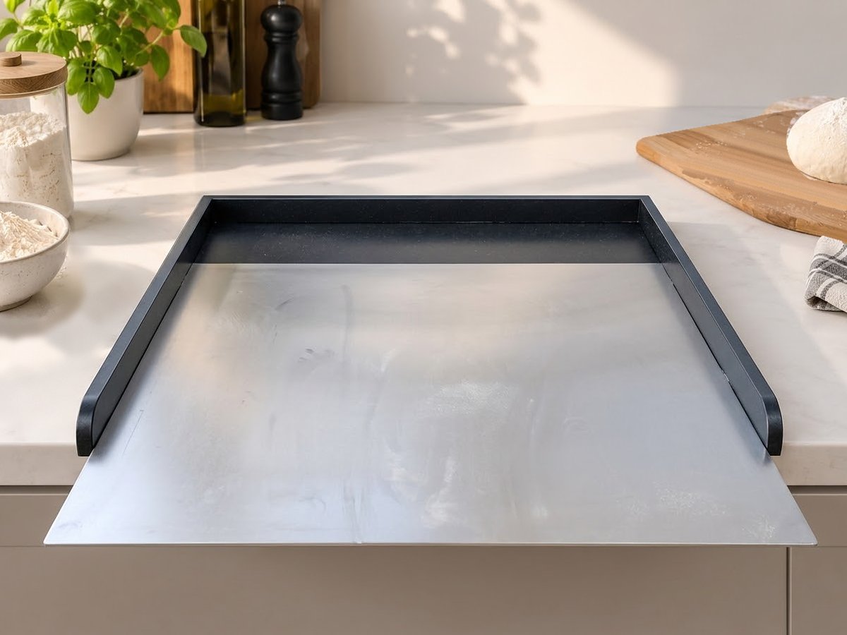 The stainless steel insert slid partly out of Stendì on a kitchen worktop
